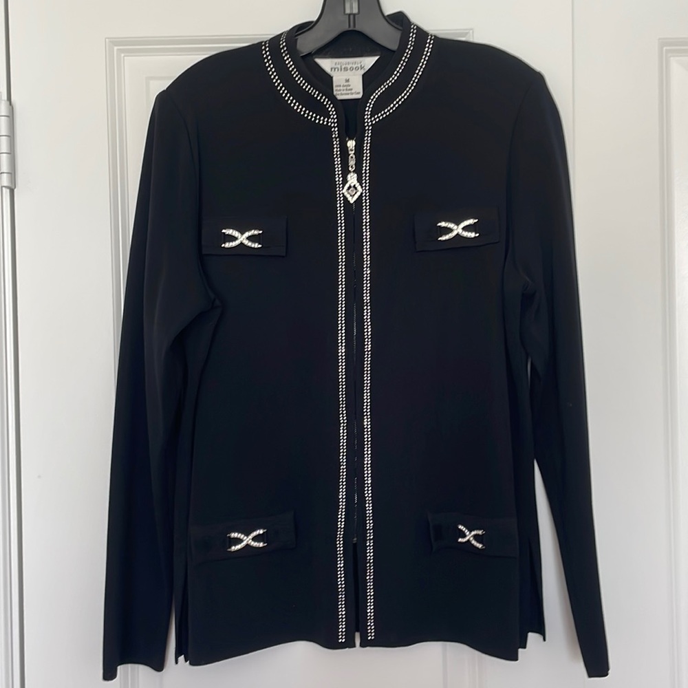 Misook | Black Light Knit Zip-Up Jacket w/ Rhinestone Detailing | sz M